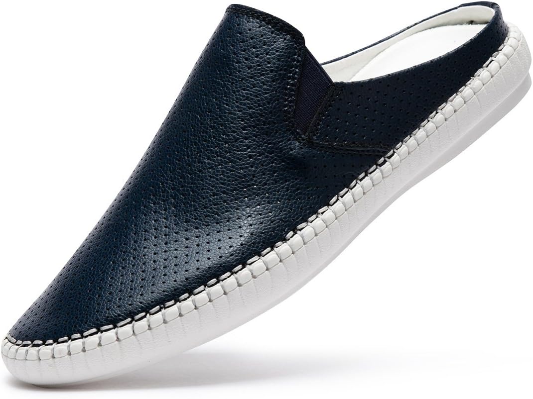FLSHO Men's Mules Clog Classic Fashion Blue Loafers Flats House Sandals Shoes Office Genuine Leather Slippers Size 10.5 FLS-1993LAN105