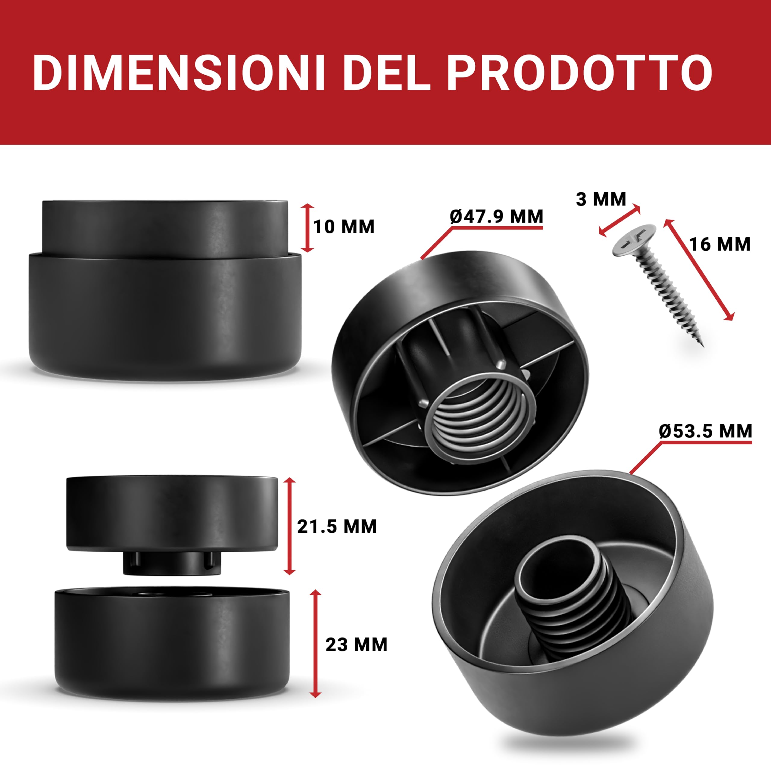 LouMaxx Piedini per Mobili Adesivi Regolabili Ø 53,5 mm – Piedini Mobili Neri Altezza Regolabile – Rialzi per Mobili con Materiale di Montaggio – Set da 4