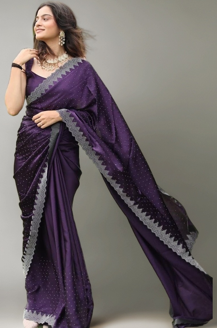 Women's Hot Fix Satin Moss Saree With Unstitched Blouse Material