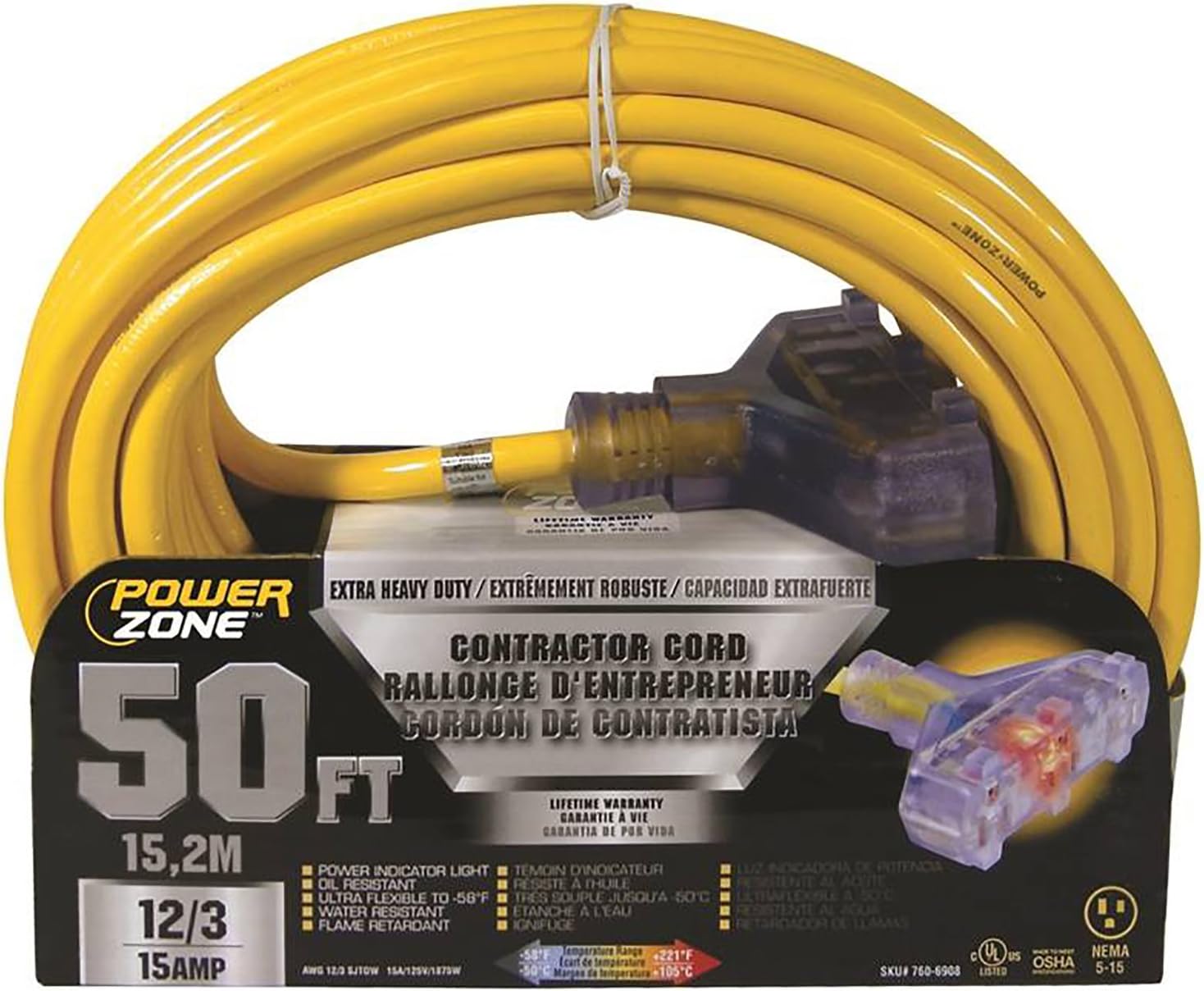 Cord Ext 3tap Lt 12/3x50ft YEL