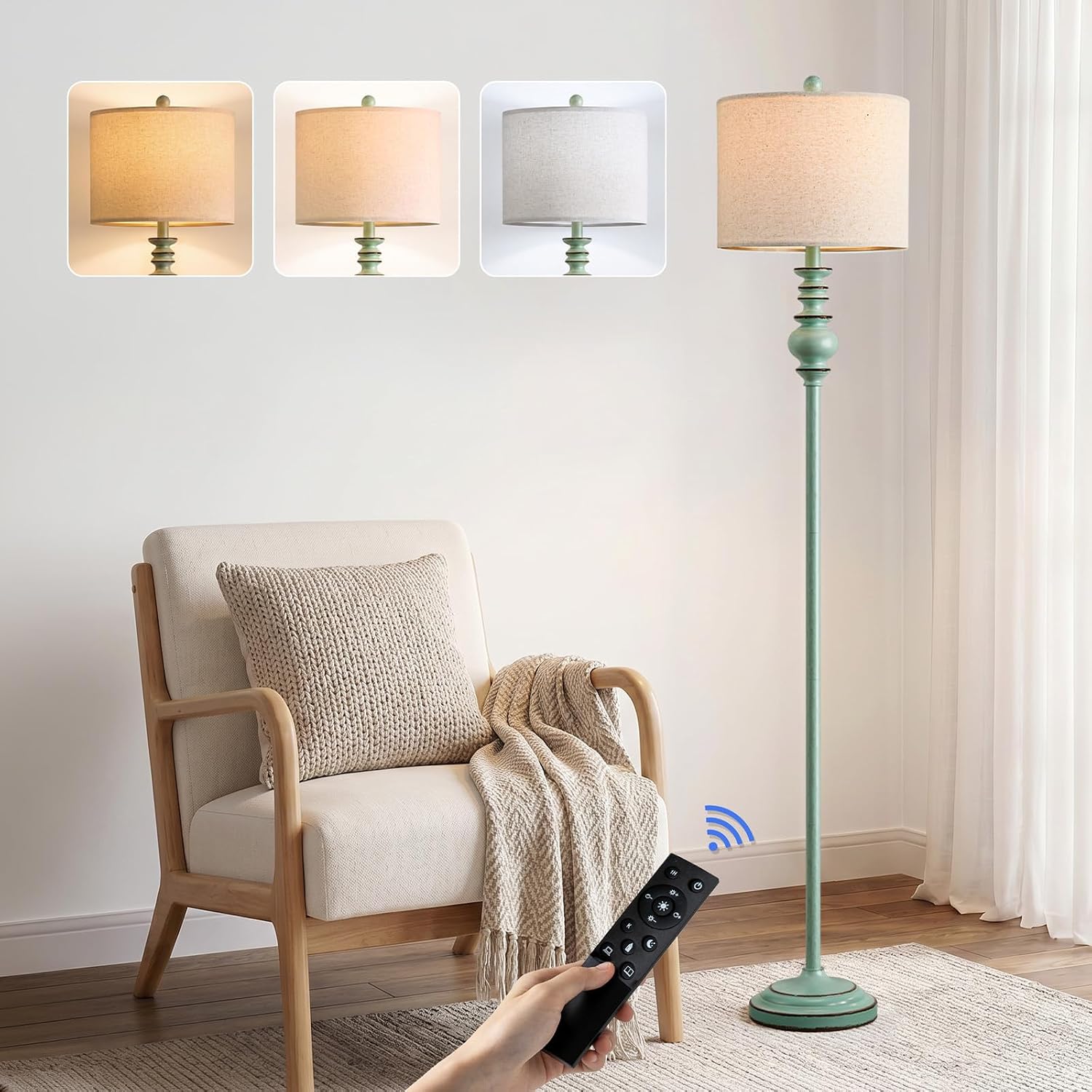  64.25" Farmhouse Floor Lamp with Remote, Dimmable Floor Lamp with Adjustable Color Temperatures, Antique Blue Standing Floor Lamp for Living Room Corner, Bedroom & Nursery, 9W Bulb Included