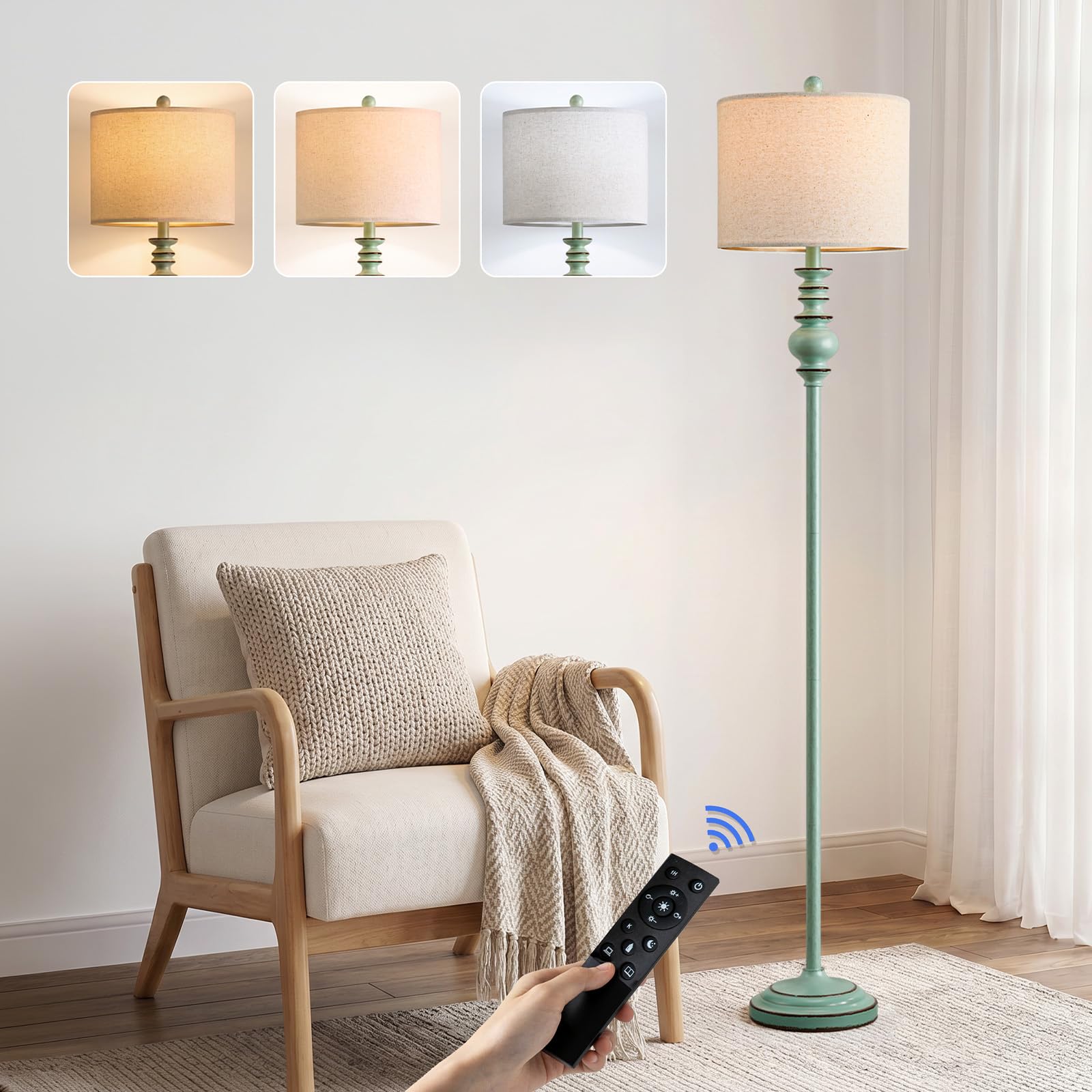 BOBOMOMO 64.25" Farmhouse Floor Lamp with Remote, Dimmable Floor Lamp with Adjustable Color Temperatures, Antique Blue Standing Floor Lamp for Living Room Corner, Bedroom &amp; Nursery, 9W Bulb Included