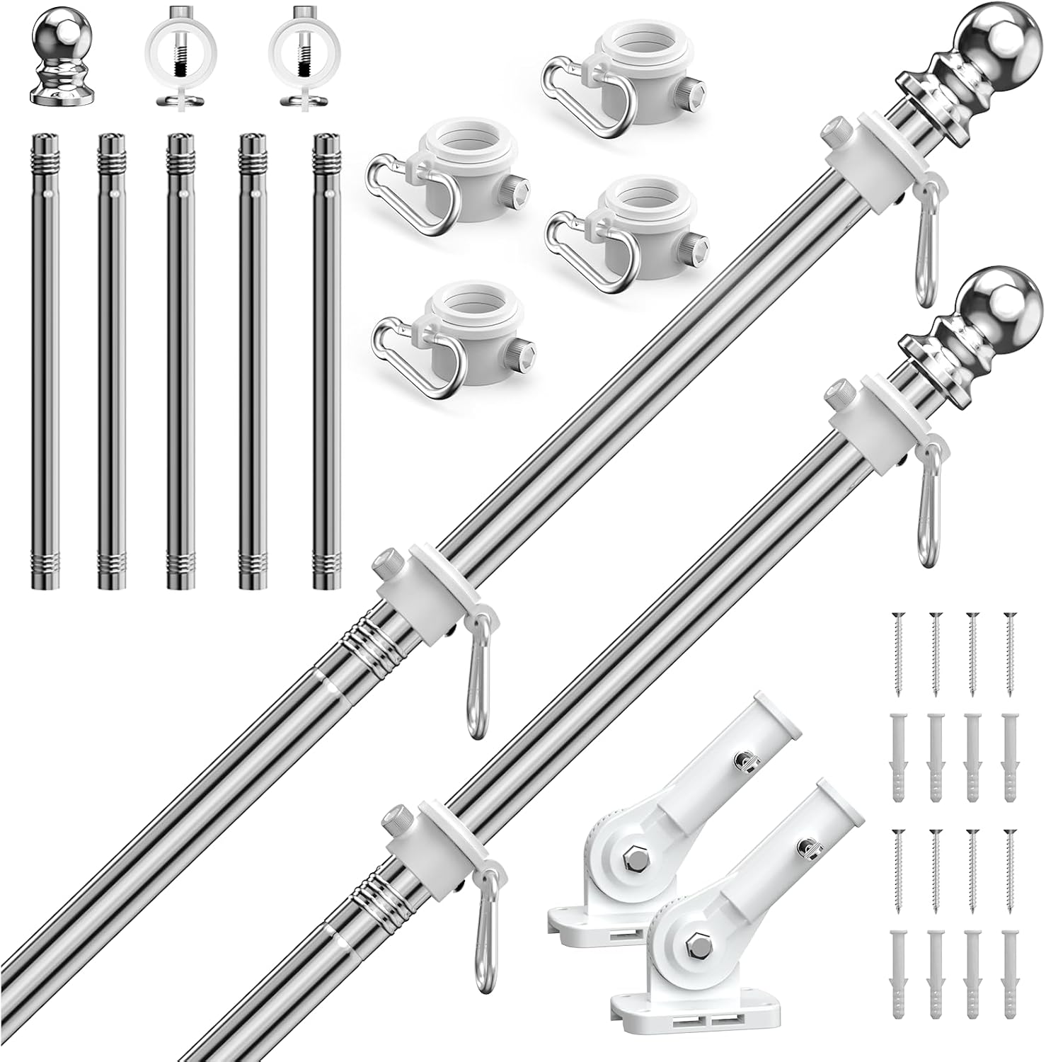 ZHULI 5 FT Flag Pole Kit 2 Pack, Flag Pole for Outside House with 180° Multi-Position Bracket, Rustproof Stainless Steel Flagpole with Tangle Free Spinning Flag Rings, for Outdoor Porch Residential