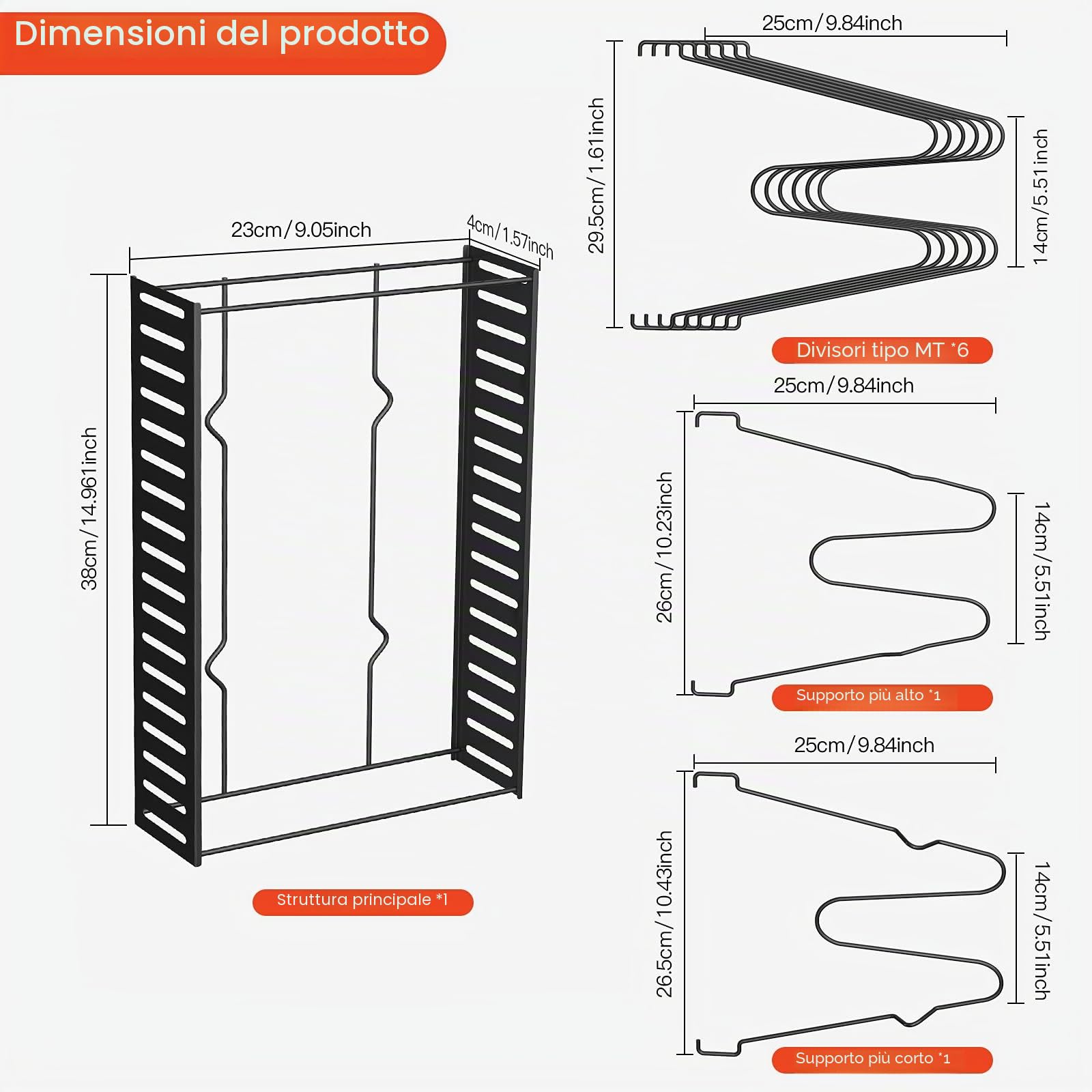 Contenitore Acciaio al carbonio per pentole nell'armadio con 8 scomparti regolabili, coperchio casseruola, per cucina piatto, Nero