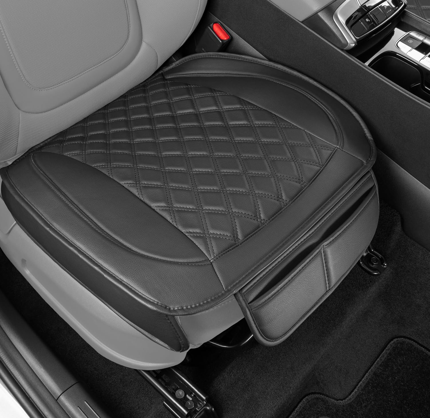 Motor TrendCar Seat Cushion Diamond Stitched Faux Leather Seat Cushion for Cars Trucks SUV, Black Padded Car Seat Cover with Storage Pockets, Premium Automotive Seat Cover for Front Seat