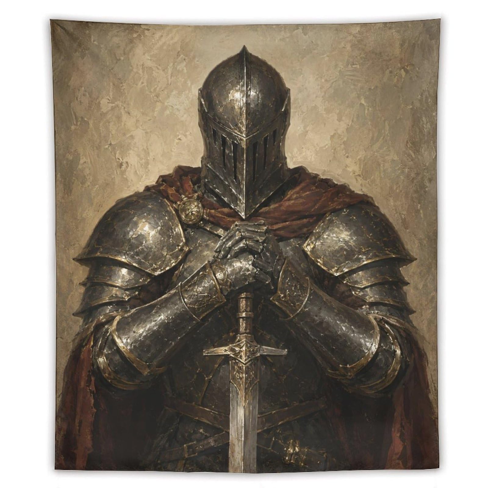 W7C8U2X3 Medieval Knight Red Cape Wall Tapestry, Heroic Armor
