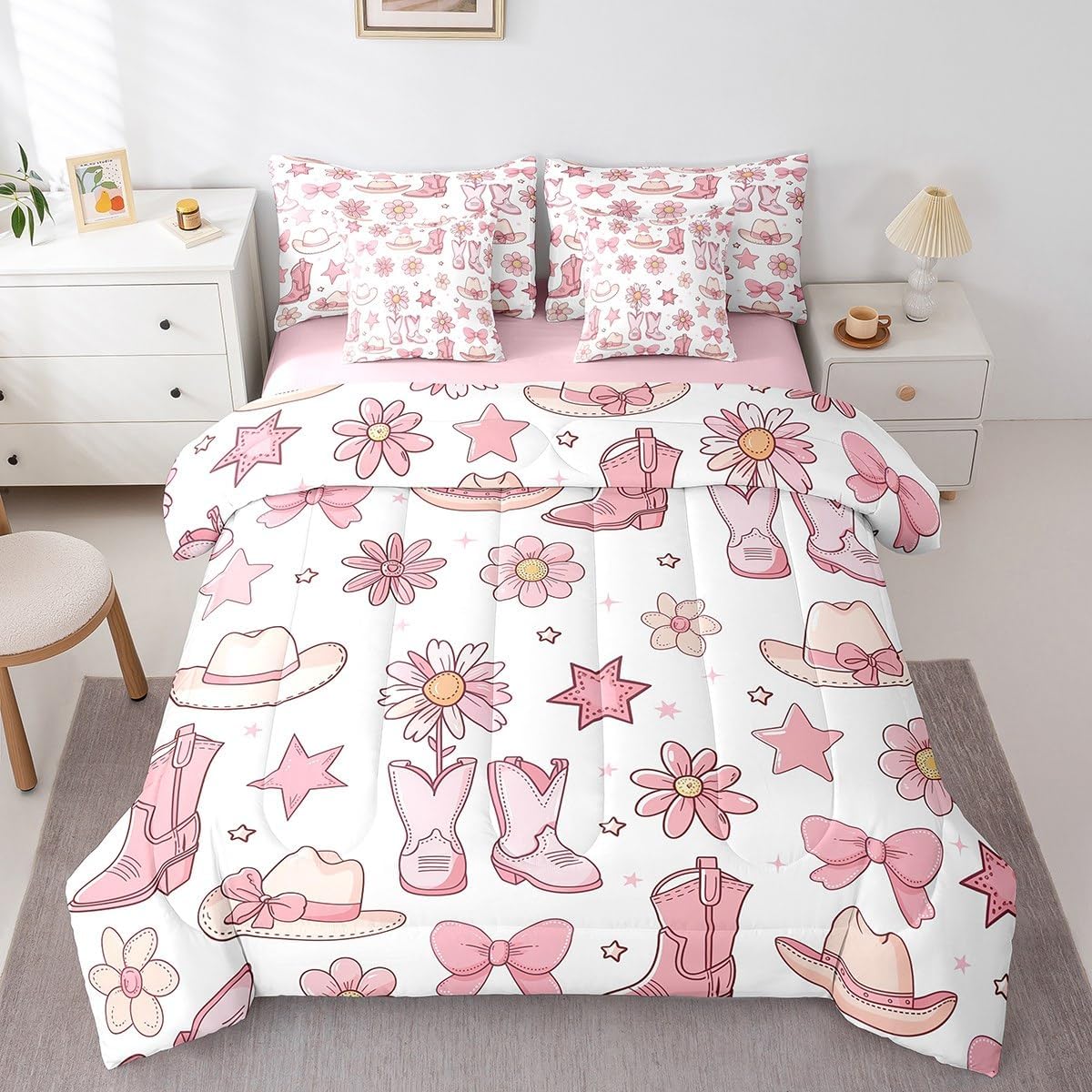 Feelyou Kids Cowgirl Bed in A Bag Queen Size, Cowgirl Horseshoe Comforter Set with Sheets Glitter Stars 7 Pieces Bedding Set Boys Girls Leopard Print Teens Bed Set Bedroom Decor 7Pcs