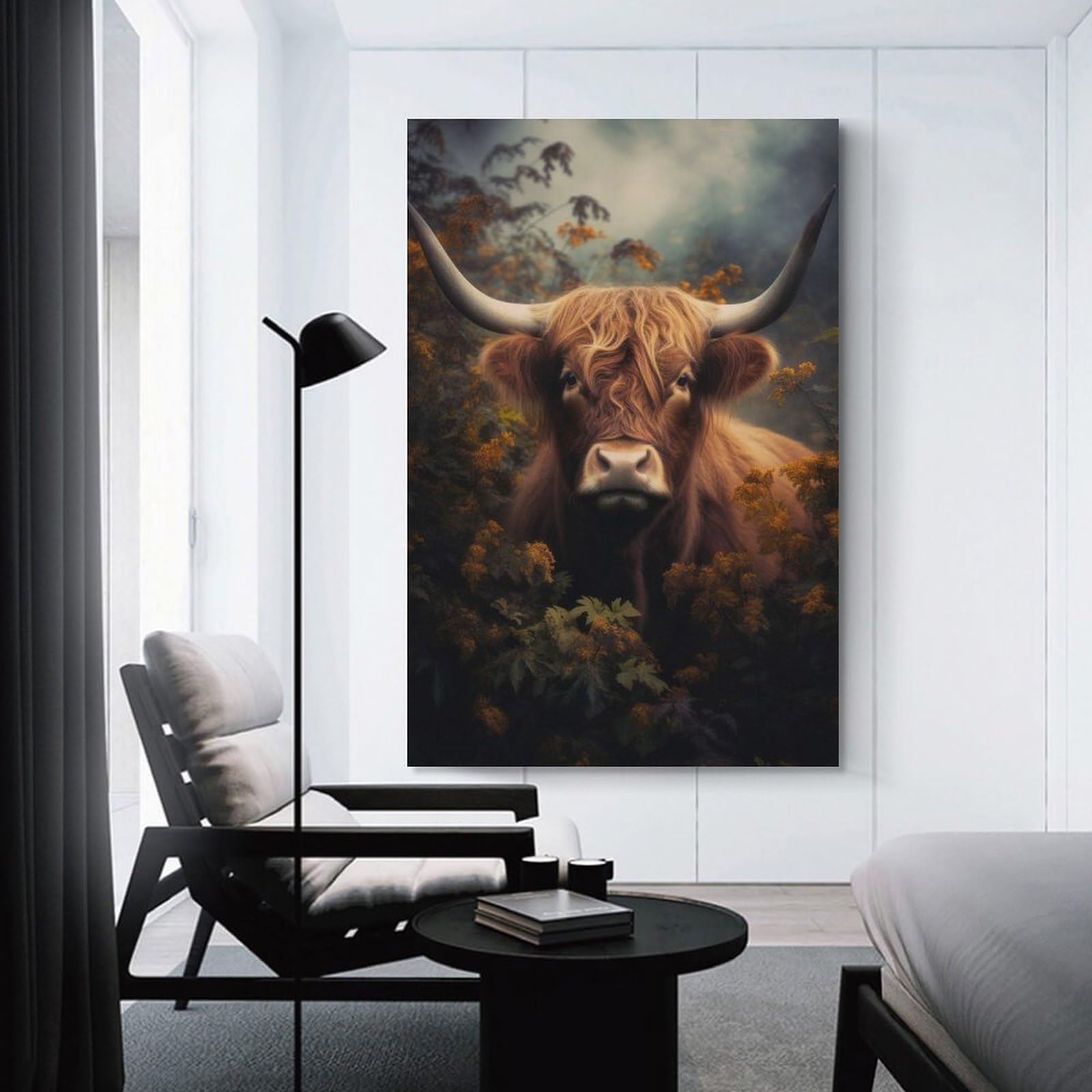 Junmoney Unframe-Style-1-1-1 Highland Cow In Foliage Wall Picture Print, 24X36inch(60X90cm), For New Homes, Bedrooms Or Workspaces, Thoughtful Wall Decor For Art Lovers