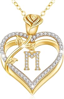 Halskette Damen Gold A-Z Buchstaben Kette Silber 925 Echt Herzkette mit Rose Anhänger Personalisiert Schmuck Damen Geburtstags Geschenke für Frauen Frau Freundin Mama Valentinstag Muttertag