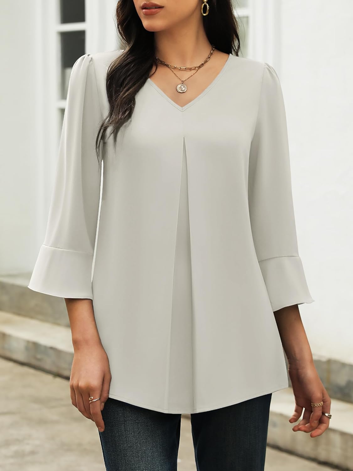 Funlingo Womens 3/4 Length Sleeve Tops Dressy Casual V Neck Business Chiffon Blouses Pleated Trendy Work Shirts - Image 2