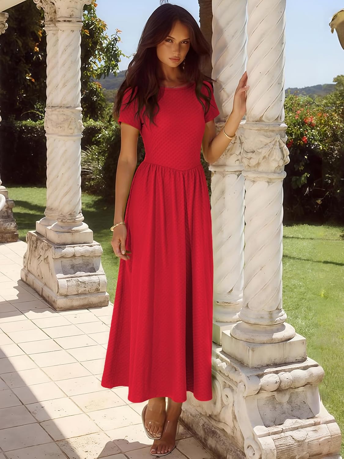 YUNDAI Women's Short Sleeve Maxi Dress Elegant Fit and Flare Lace Up Back Dress - Image 5