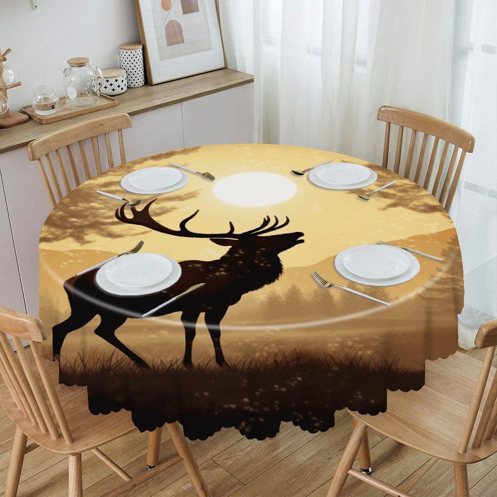 VstaDank Elk Artwork Round Tablecloth Premium Polyester Table Cloth Heavy Duty Washable Fabric Tablecloth Waterproof Holiday Table Cover Decorative Tablecloths for Dining 60"