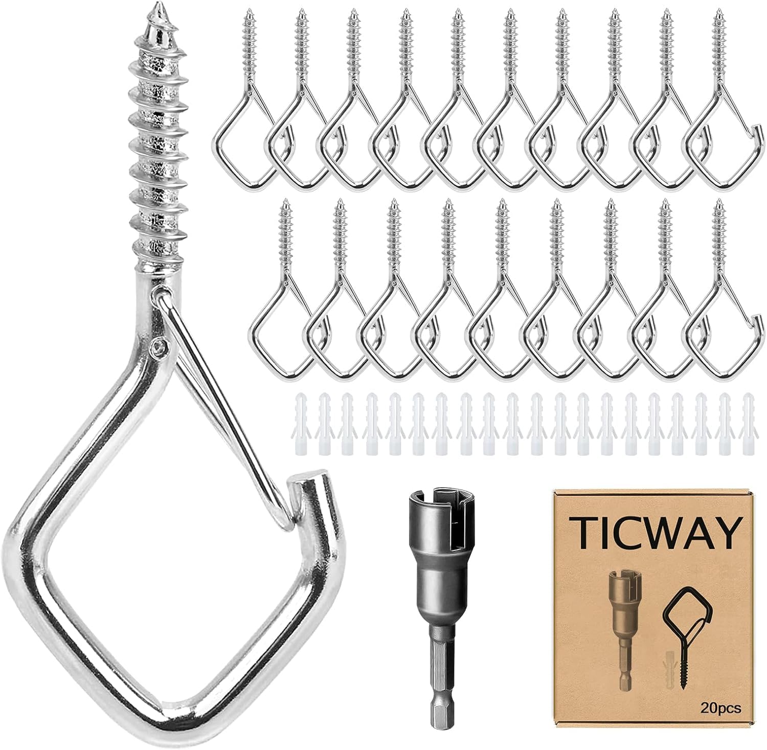 Ticway 30 Pcs Outdoor Hooks for String Lights,Screw Hooks for Hanging Plants,Ceiling Hooks with Safety Buckle,Square Hanger for Wind Chimes,Bird Feeder,Lanterns,Christmas Decorations Silver