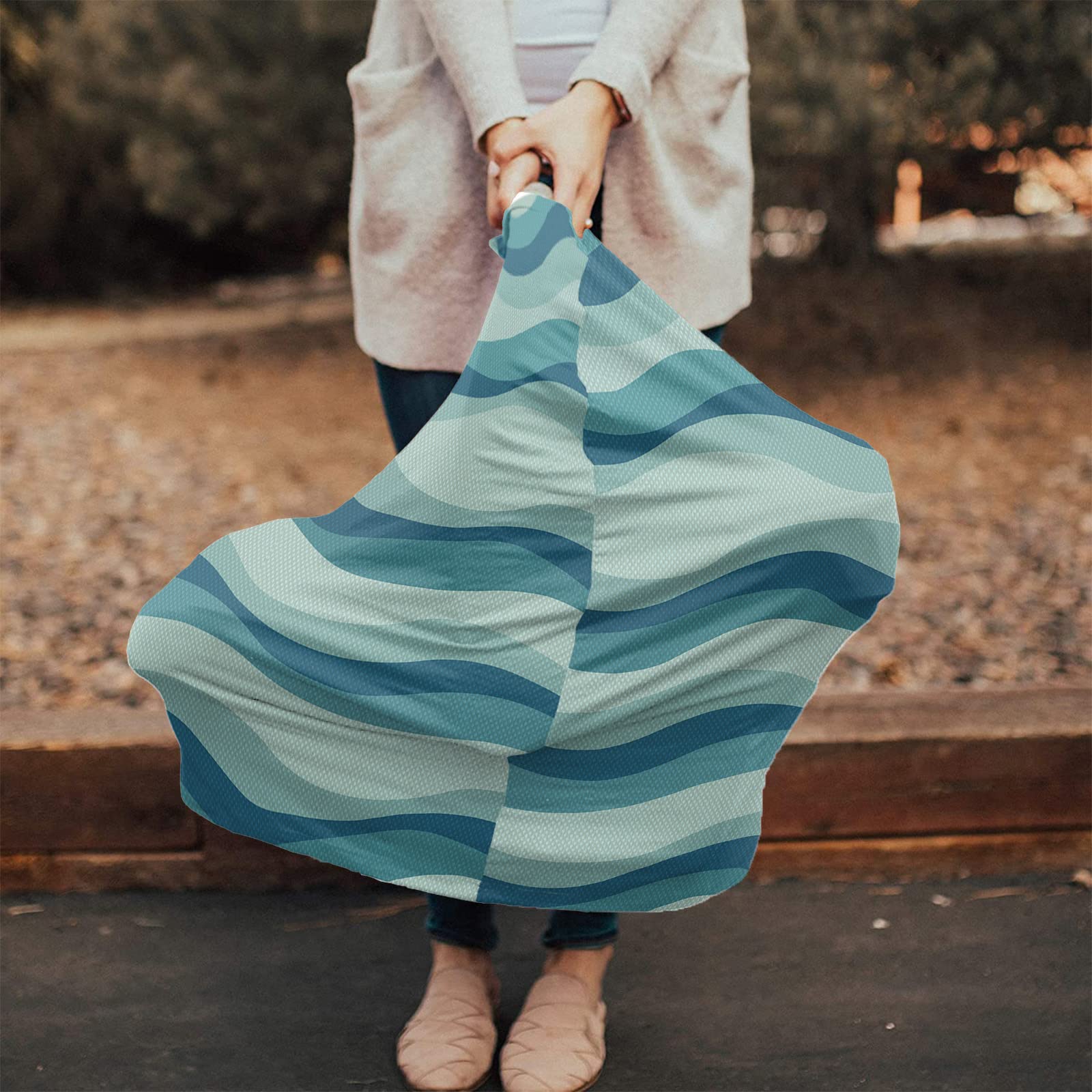 Nursing Cover for Breastfeeding Scarf, Line Striped Wave Blue Green Baby Car Covers Super Soft Multi Use for Canopy Shopping Cart Cover Blanket Stroller Cover