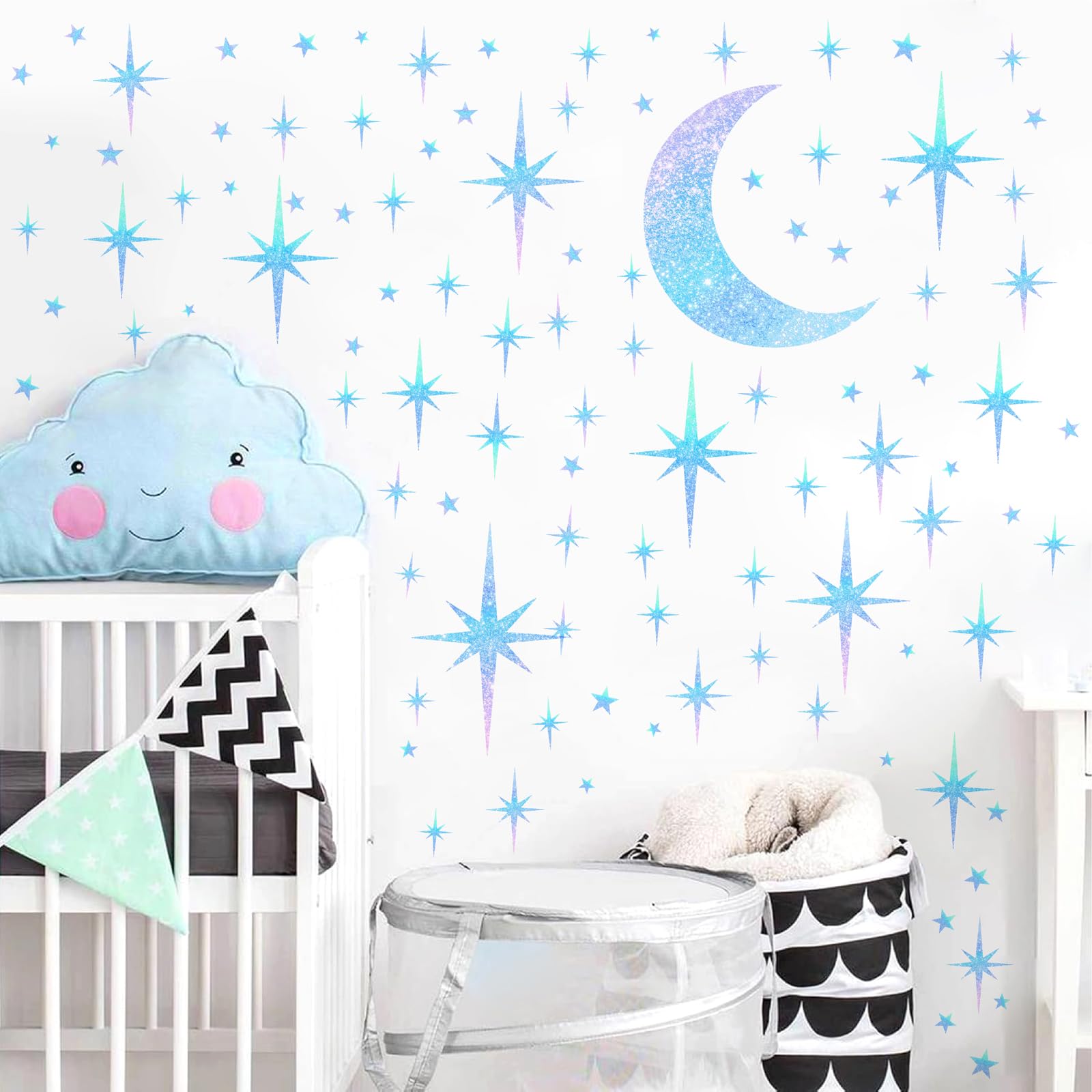 Retro Star Wall Decals Sparkle Stickers Peel and Stick for Ceiling Mid Century Modern Wall Art Stickers Rainbow Star Moon Walls Sticker Starburst Art Murals Wallpaper for Living Room Bedroom Nursery