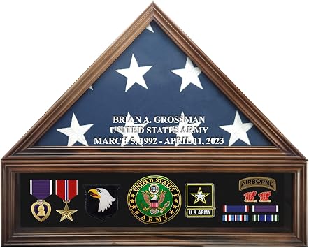 Personalized Military Shadow Box Display Case for Funeral Burial Flag, American Veterans Fits Folded 5x9.5 Flag, Glass and New Zealand Pine Frame. Walnut, Medium