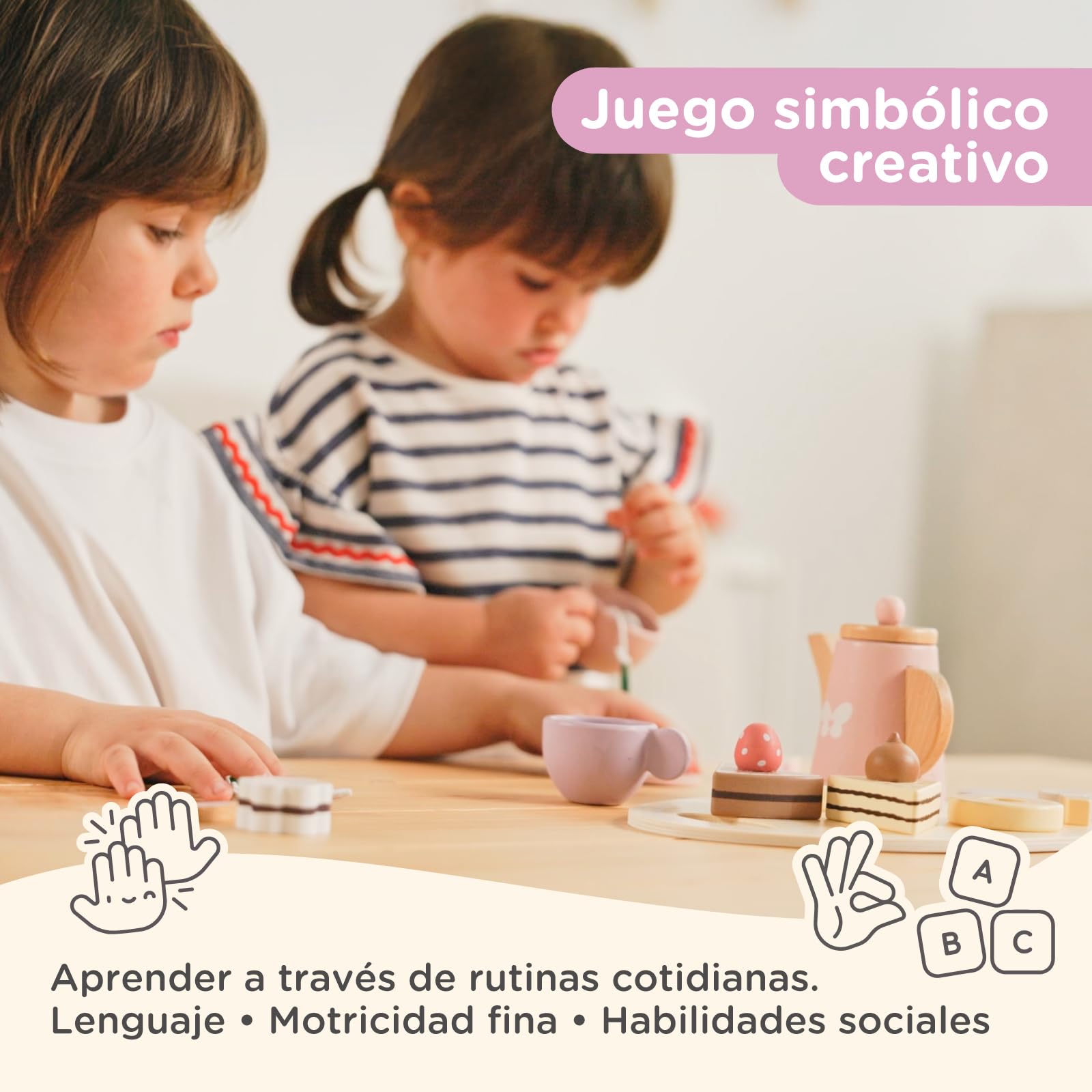 Nene Toys Set de Té de Madera para Niños 2 Años – Juego de Té 18 Piezas con Tetera, Bandeja, 2 Tazas & Cucharitas, Bolsitas de Té & Dulces – Juego Simbólico Montessori, Madera FSC® – Juguete 2–5 Años