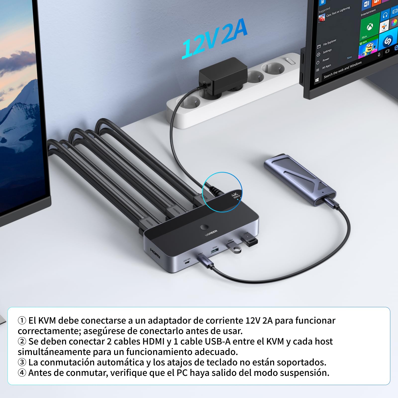 UGREEN Switch KVM HDMI 2.0 2 Entradas 2 Salidas 4K 60 Hz Conmutador KVM para 2 pc con 4 Puertos USB 5 Gbps para Teclado Ratón Disco Duro Controlador de Escritorio Compatible con Windows Linux macOS