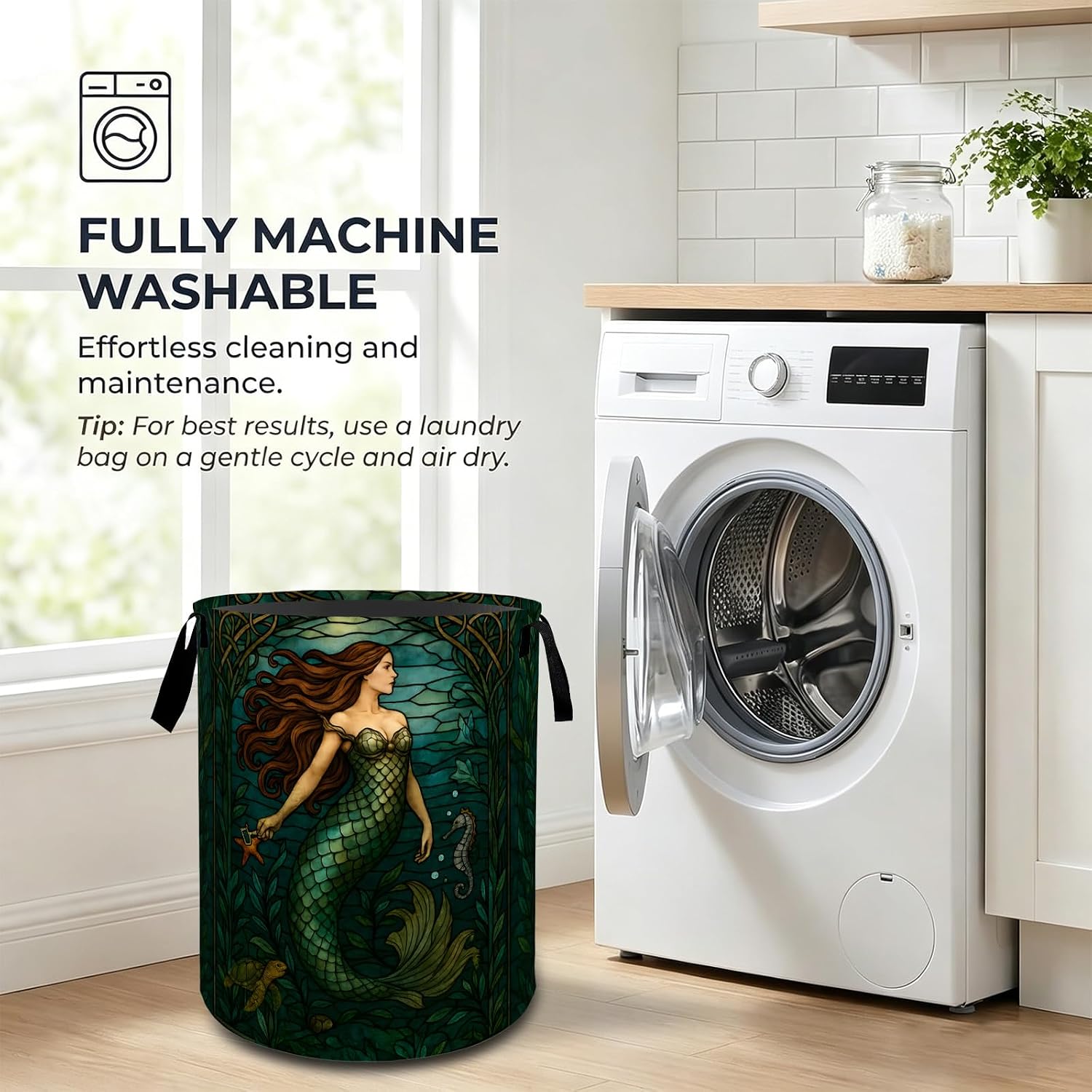 Vintage Mermaid Laundry Basket with Handles,Fantasy Ocean Fish Round Waterproof Clothes Storage Baskets,Collapsible Bin for Bedroom Bathroom Dorm Gifts Mystical Gothic Decor 19.7x15.7 Inch