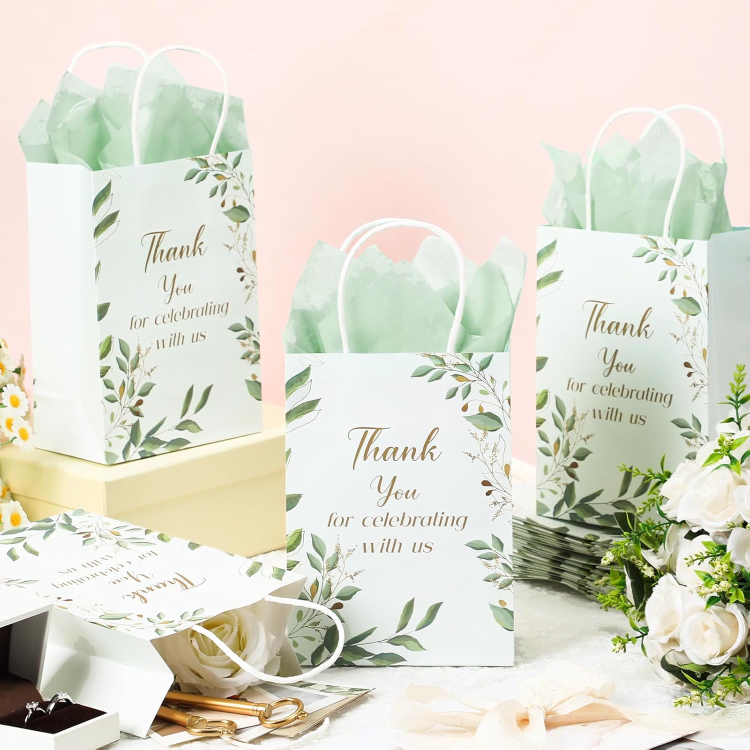 Fuutreo 100 Set Wedding Gift Bags with Tissue Paper Wedding Welcome Favor Paper Bags for Guests with Handles Thank You Bridal Shower Hotel 21 * 8 * 15cm(Eucalyptus Leaves) - Image 2