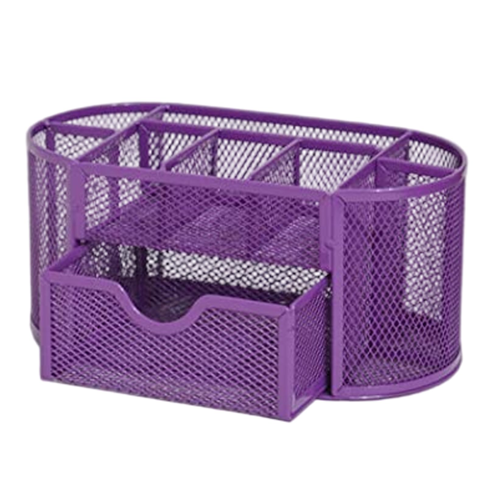 Suxdlan Purple Pen Holder with 9 Compartments, Metal Pencil Holder Stationery Caddy with Drawer, Space-Saving Multifunctional Desk Organizers and Accessories