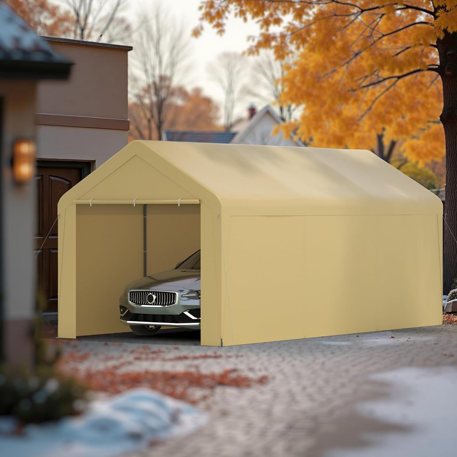 Assembled beige carport with a car parked inside