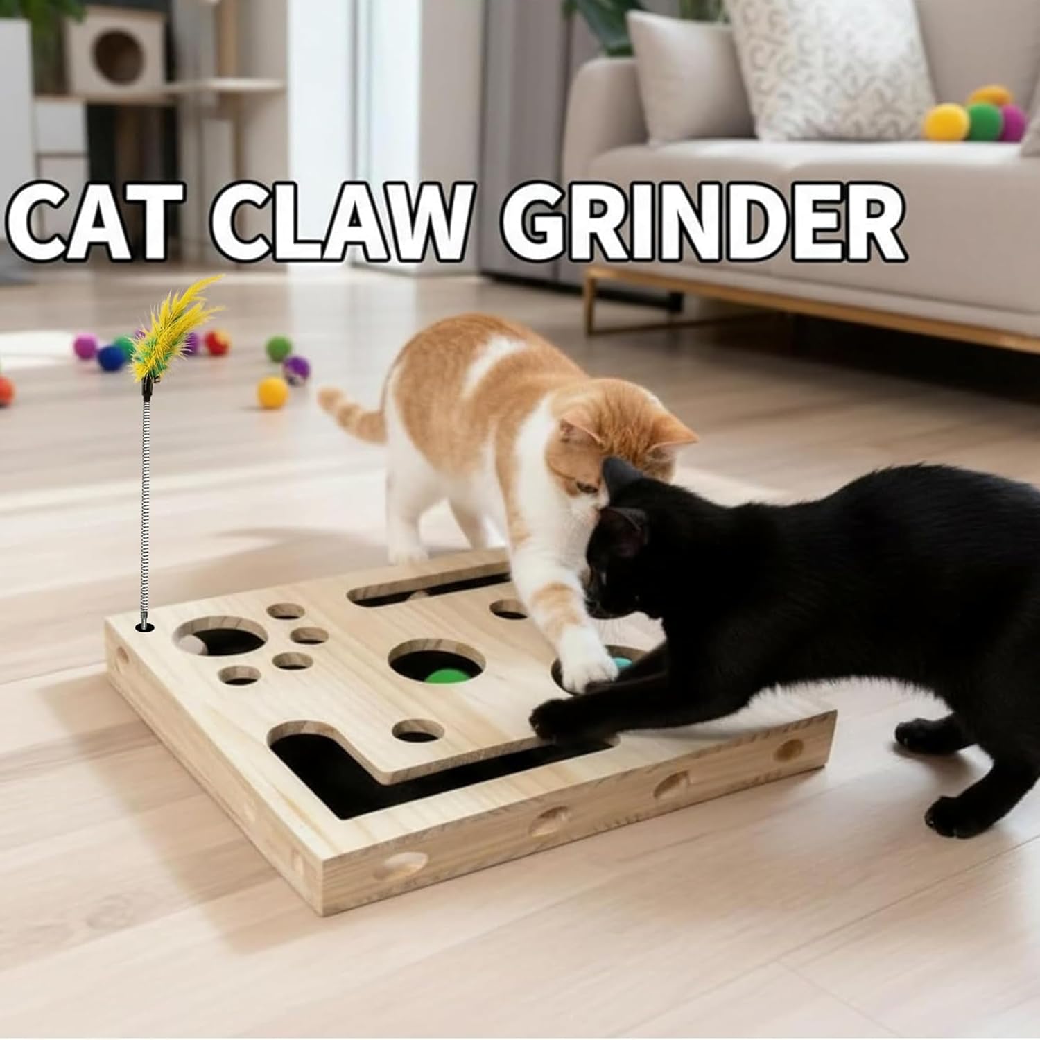 Wooden Cat Nail File Enrichment Box with Sandpaper & Bell Ball, Stress-Free Alternative to Nail Clippers, Interactive Maze Toy for Indoor Cats, Reduces Boredom & Furniture Damage,Brown