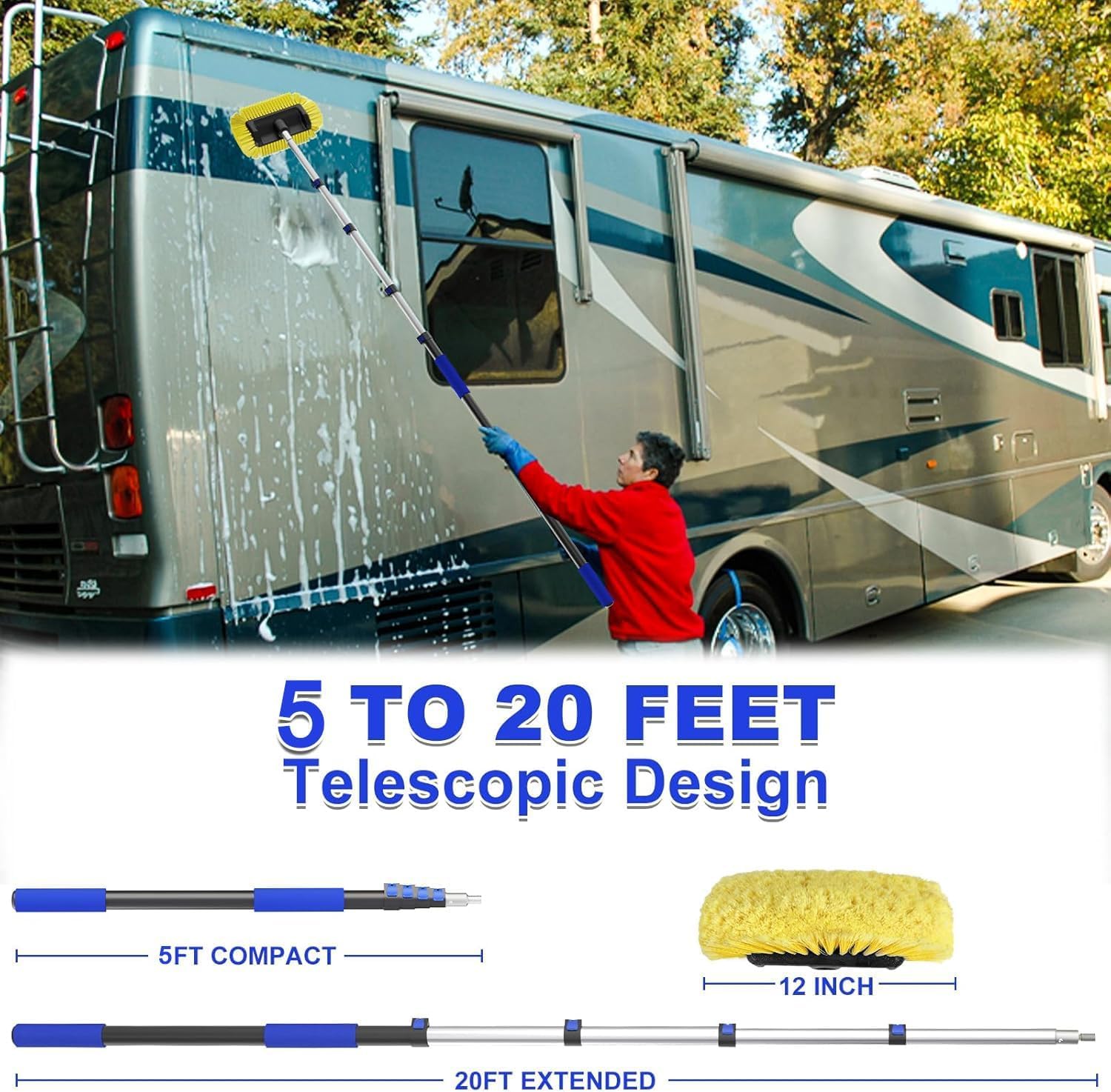 Buyplus 26FT Reach Car Wash Brush with Long Handle, 12-Inch Soft Bristle Head, Truck Wash Brush with 5-20FT Telescoping Pole, Car Washing Brush for Cleaning Car, SUV, RV, Boats, Solar Panels Blue