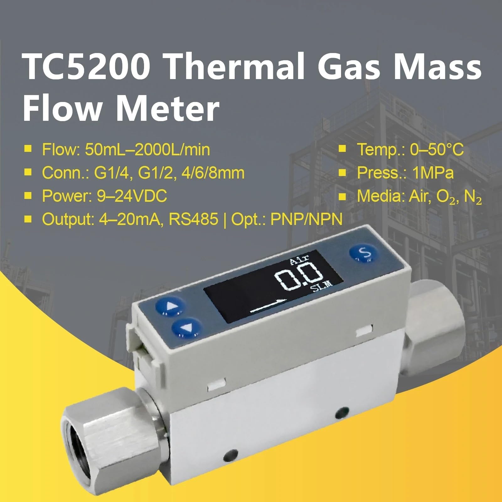 Medidor de caudal de agua, TC5200 Medidor de flujo másico de gas de bajo flujo Sensor térmico 4-20 mA Pantalla digital RS485 for aire, oxígeno, nitrógeno(TC5200-2L-A)