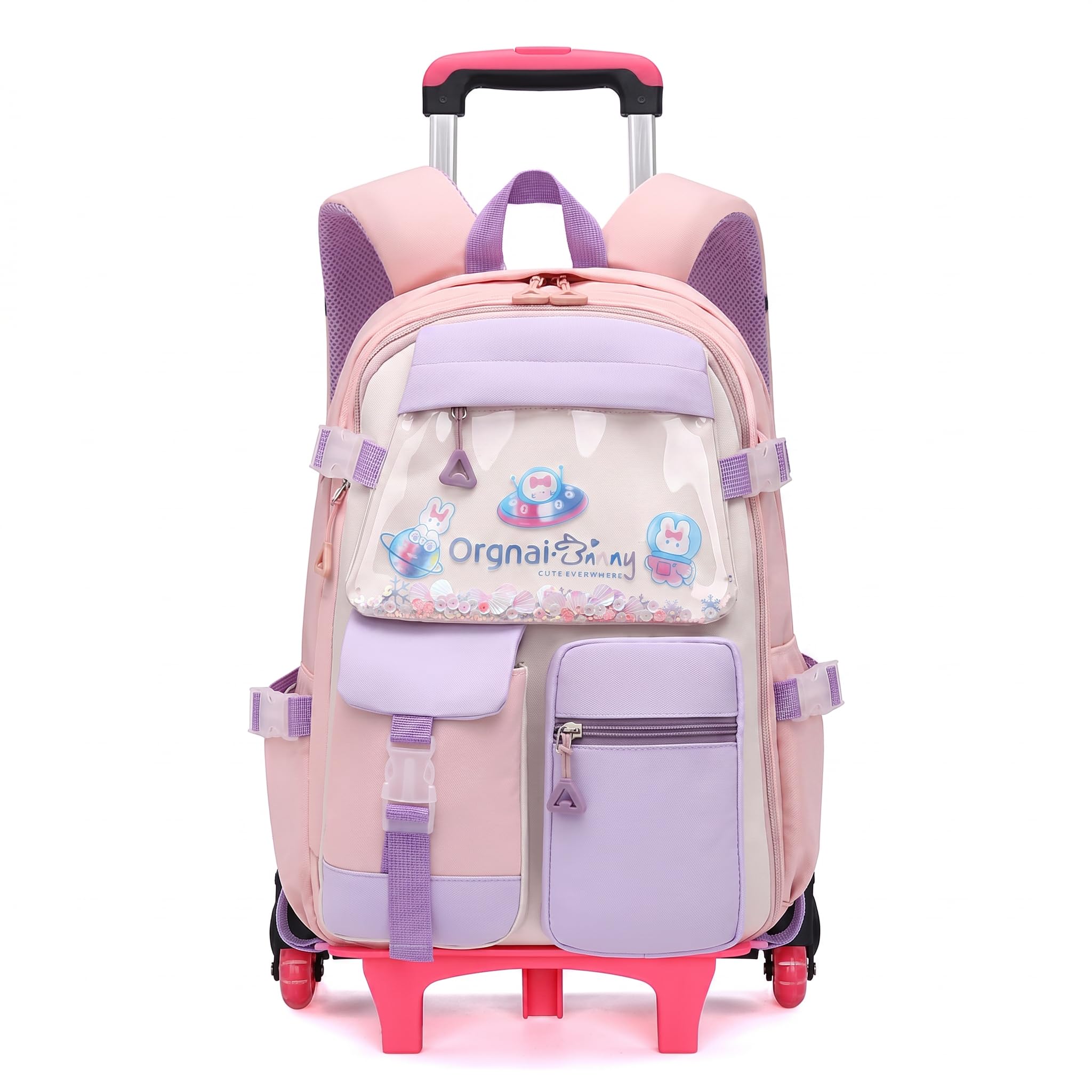 Tanou Mochila escolar con ruedas para niñas, mochila escolar con ruedas de 2 a 5 clases, mochila escolar para niñas con 6 ruedas, desmontable, Rosa., Mittelgroße, Preppy