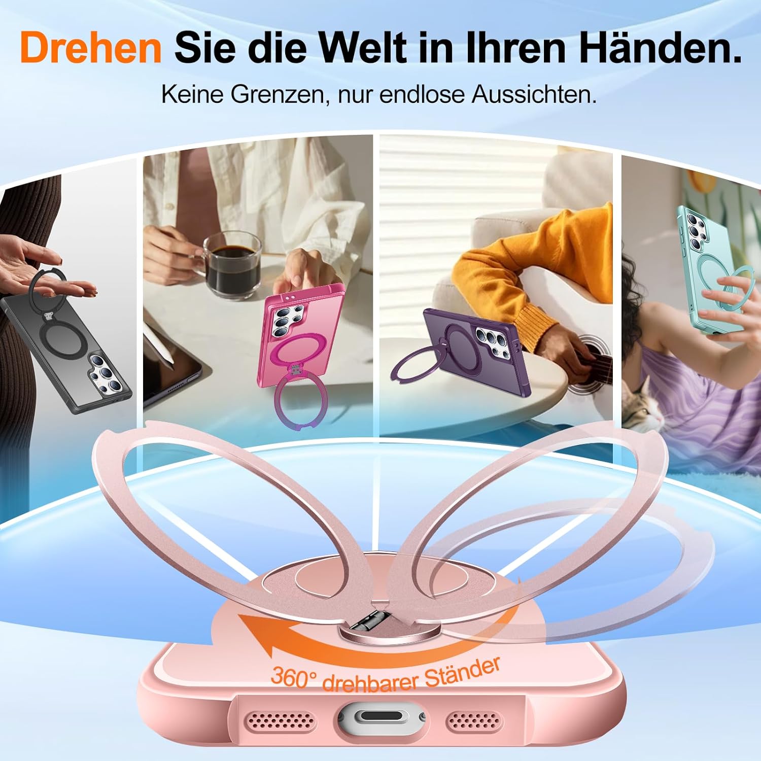 HuwaiH 360° Rotatable Magnetic Ring Stand for Samsung Galaxy S25 Ultra Case, Compatible with MagSafe, Military-Grade Shockproof, Anti-Scratch Matte Translucent for S25 Ultra Phone Case(Pink) for Samsung Galaxy S25 Ultra Pink