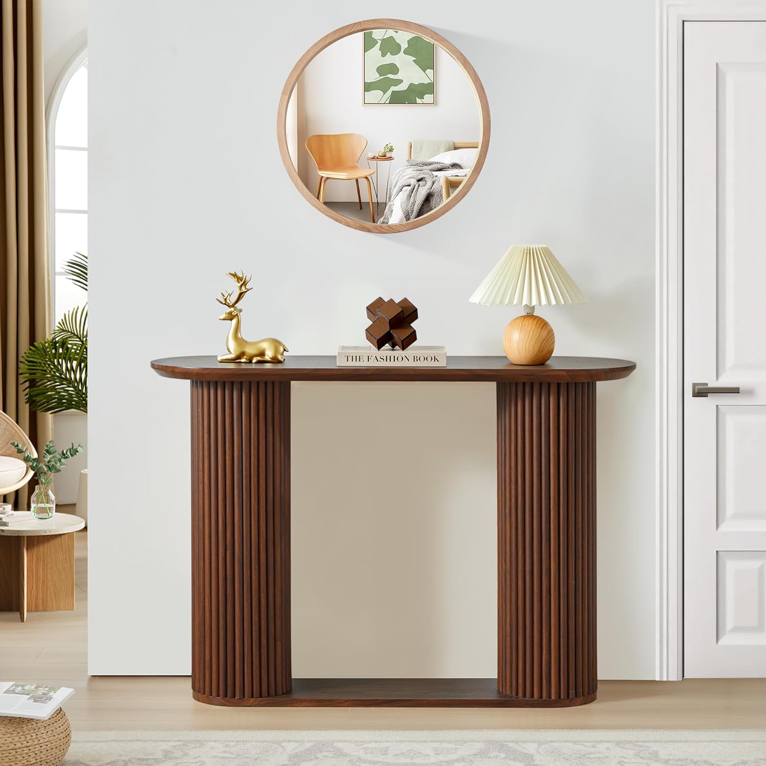 Fluted Console Table, Farmhouse Oval Curved Entryway Table with Storage and Fluted Wood Legs, Narrow Small Long Entry Sofa Table for Entrance, Hallway, Living Room (Walnut)