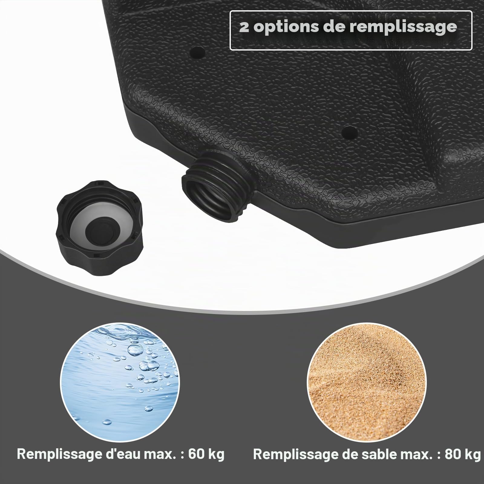 WOLTU Pied de Parasol 4 Pièces, Poids pour Parasol Croix de Sol, 60 L/80 kg, à Remplir d'eau ou de Sable, avec Connecteurs Métalliques, en Plastique, Carré, Noir