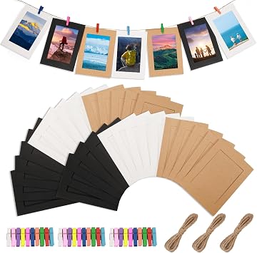 30 Pack Paper Picture Frames, Cardboard Hanging Photo Frames with Clips and Jute String for Wall Photo Banner Display, 5x7