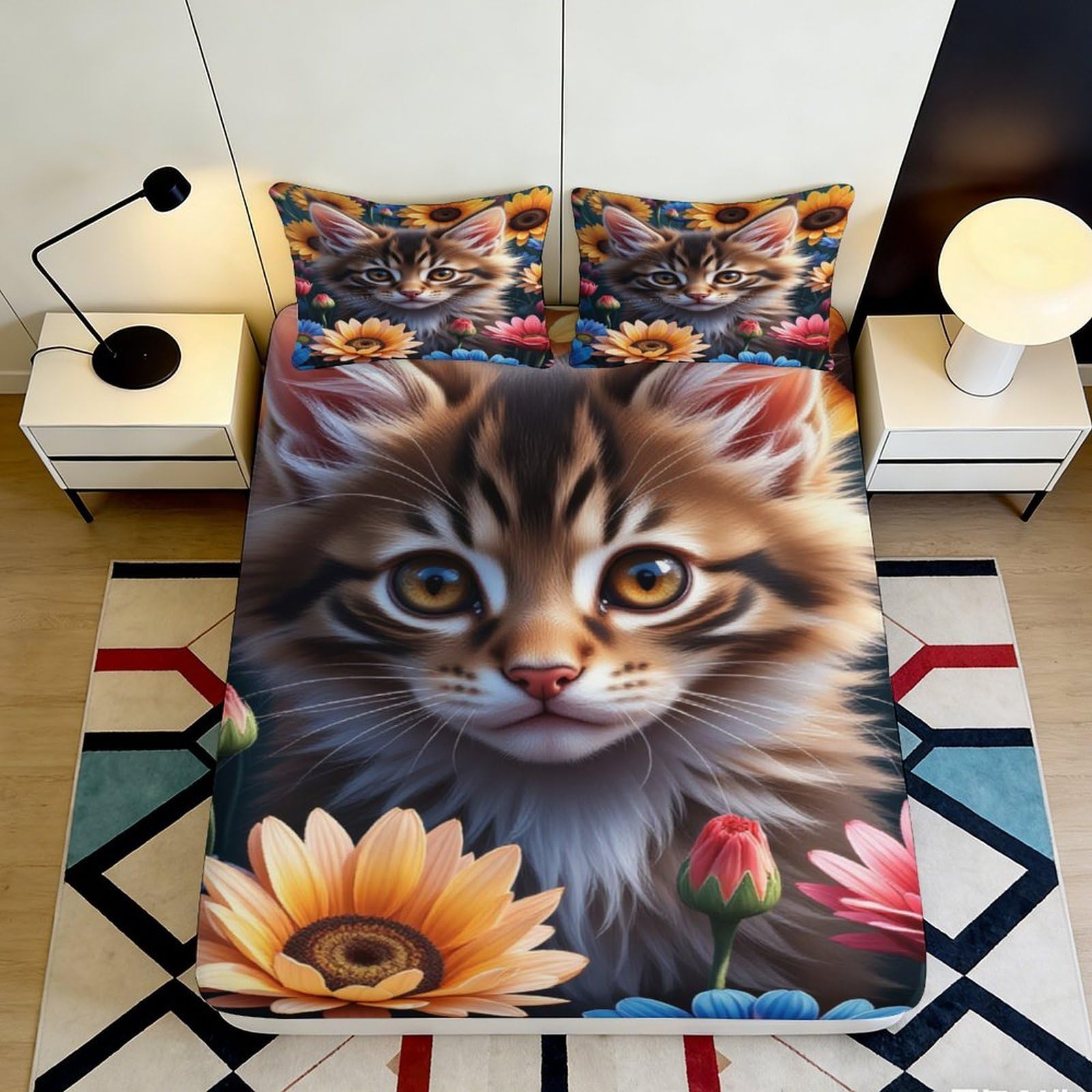 Pnayamiorkfel Style-1 3D Printed Cute Kitten Fitted Sheet Microfiber Sunflower Floral Bed Cover Non-Slip Easy Care For Bedroom Guest Room Decor 90X200x25cm