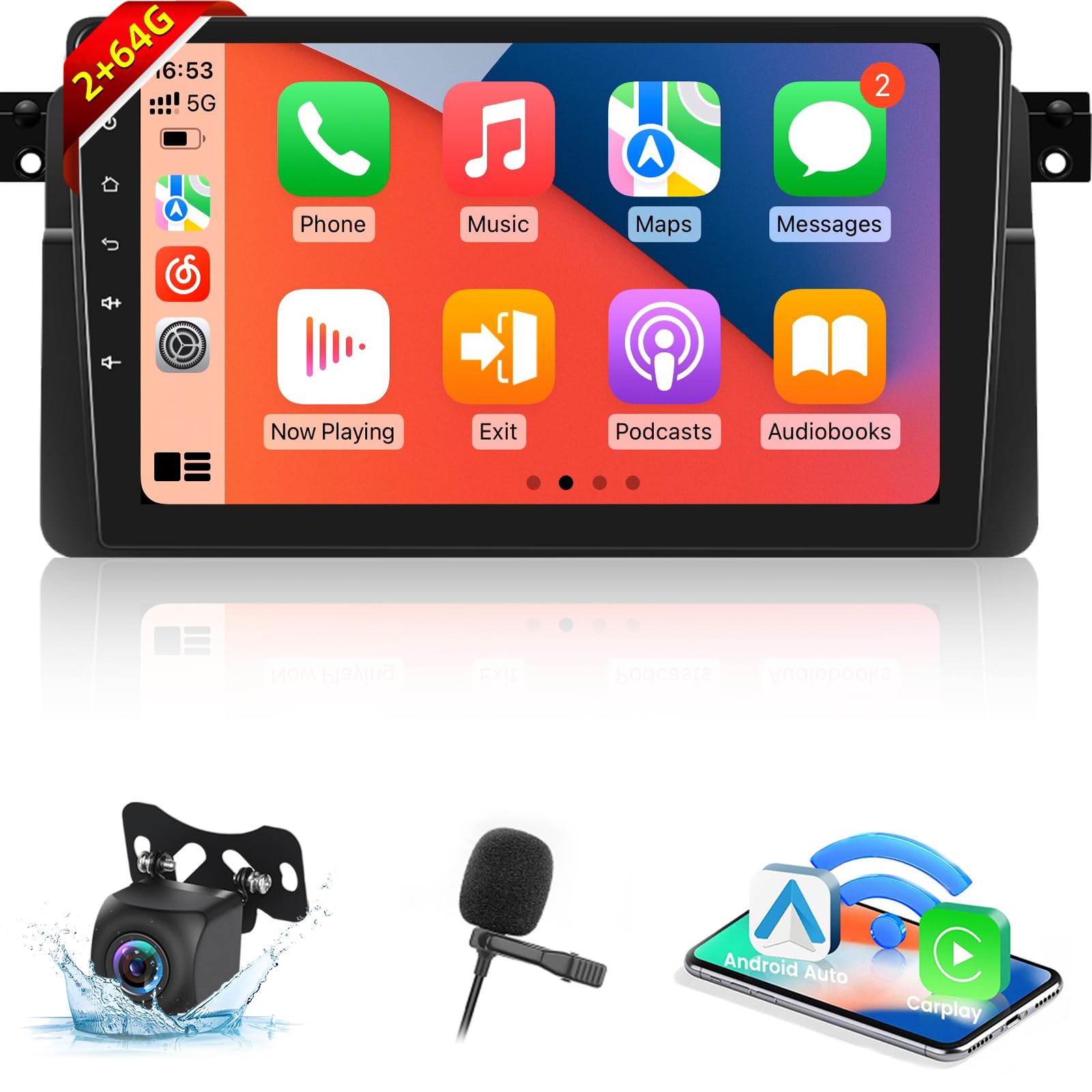 Photo 1 of 2+64G Wireless Carplay Android Car Stereo for BMW E46 M3 1999-2006 - 9 Inch Android Auto Touchscreen Radio with EQ DSP, GPS, WiFi, FM/RDS + AHD Rear View Camera