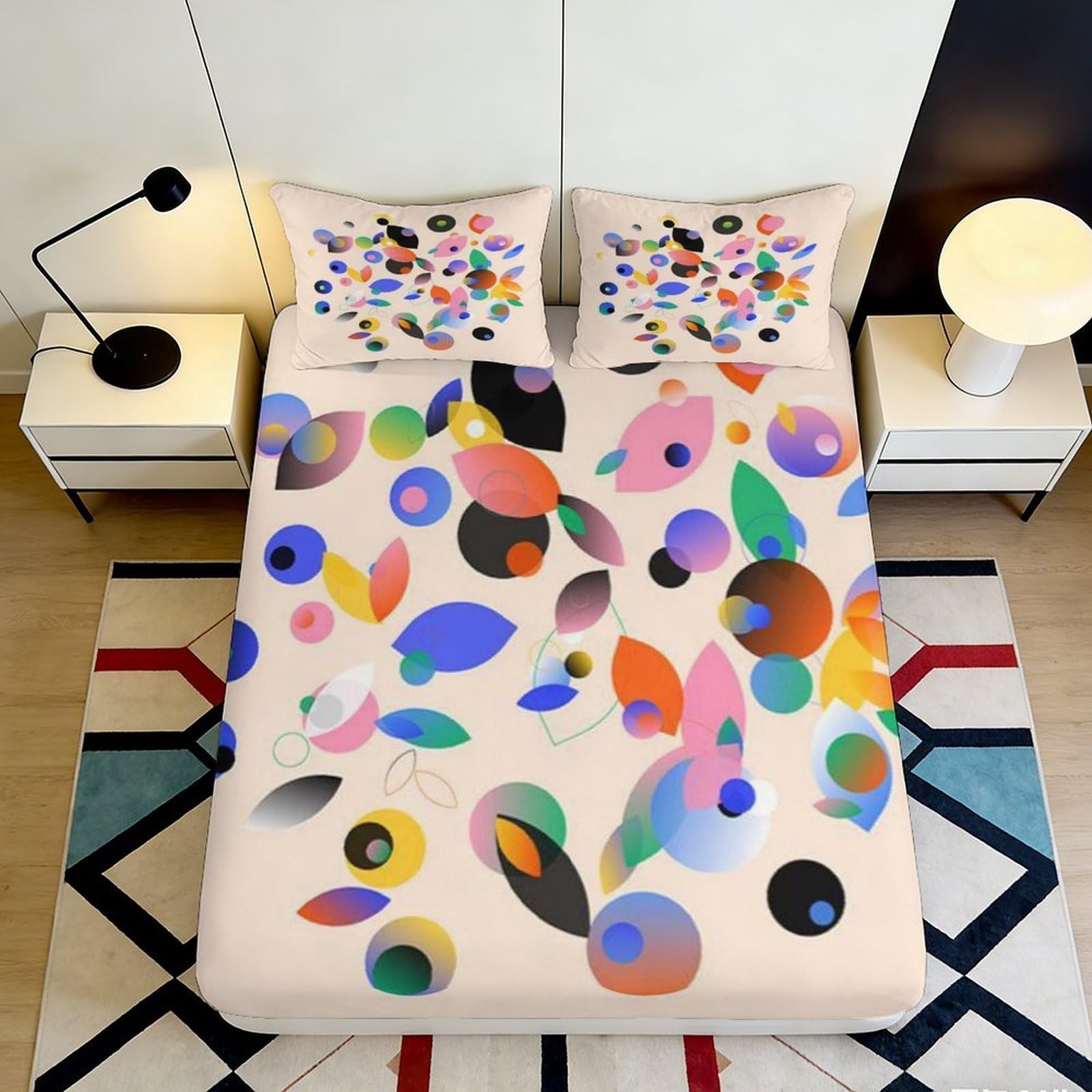 3D Printed Colorful Leaves Fitted Sheet Microfiber Soft Breathable Abstract Circles Bed Cover for Bedroom Dormitory Guest Room Mattress Protection 120x200x25cm