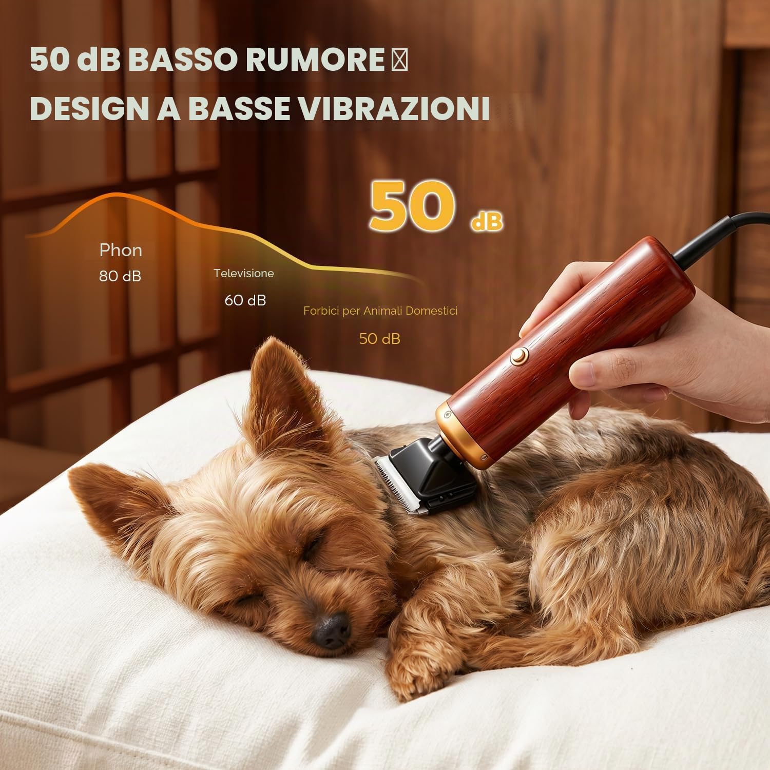 CGOLDENWALL Tosatrice per Cani Professionale 55W, Rumorosità 50DB, Manico in Legno e Cavo di Alimentazione 3m, per Animali di Tutti i Tipi di Pelo, Con 2 Pettini di Fissaggio (3/6 mm, 9/12 mm)