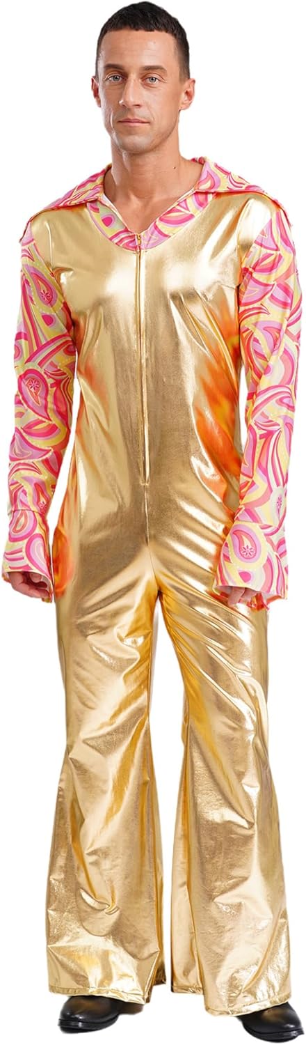 XUNZOO Men's Dance Costume 70s Disco Lapel V Neck Flare Sleeve with Bottom Pants Hippie Rompers