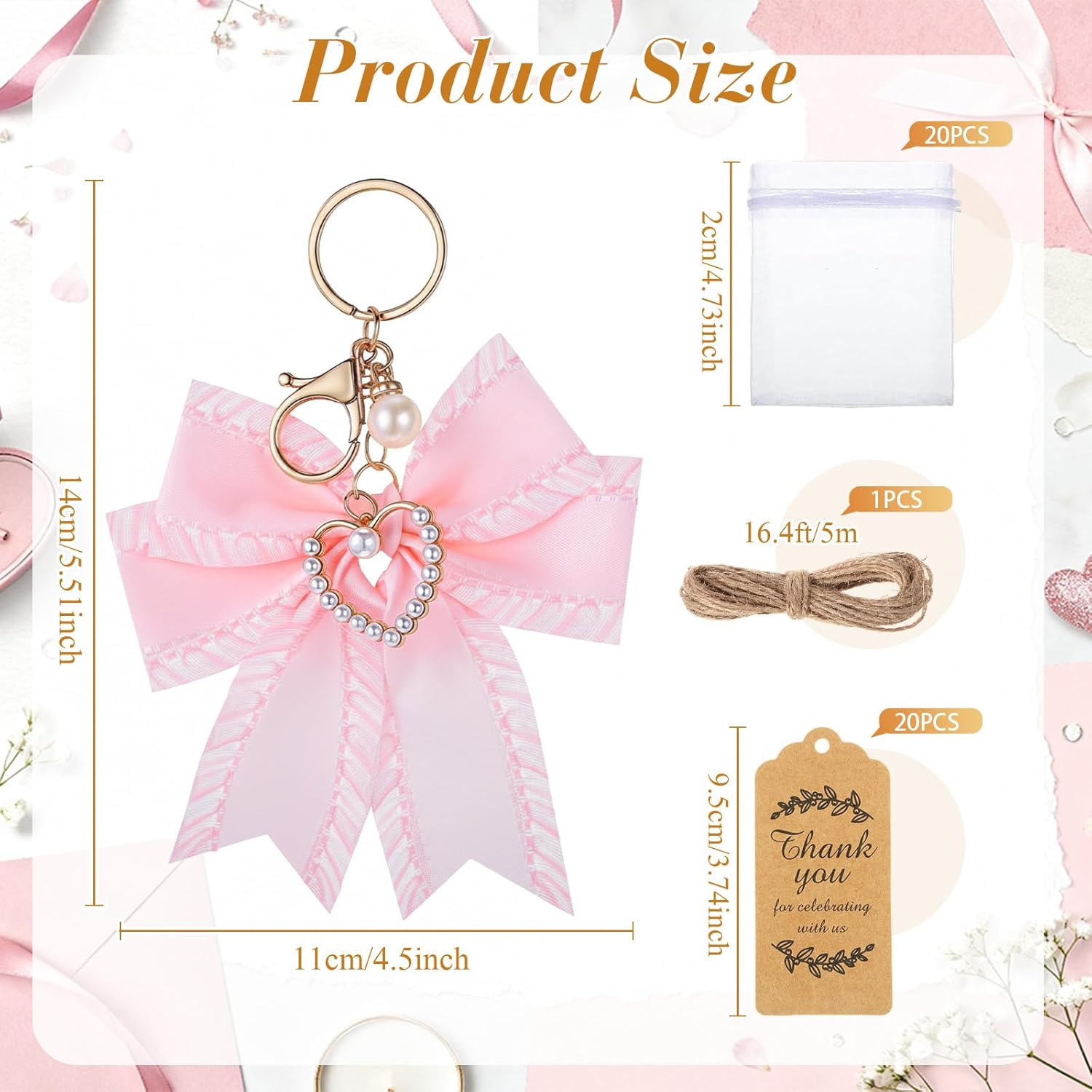 20 Set Pearl Bow Keychain Party Favor Bulk Steel Keyring Charm Accessories Souvenir Present Kraft Tag Organza Bag for Guest Baptism Bridal Shower Valentine Coquette Wedding Gift(Pink) - Image 2