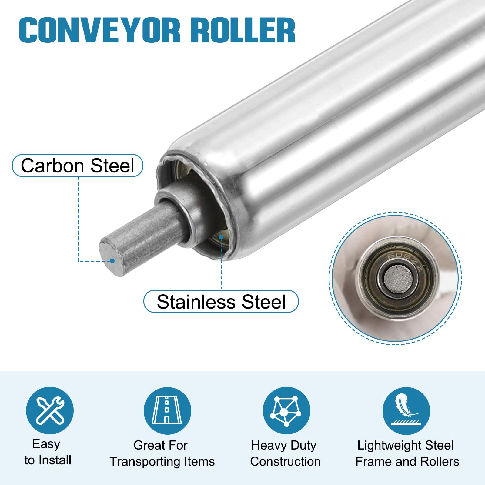 QUARKZMAN Rodillo Transportador de Acero Inoxidable 25mm Diámetro 400mm Longitud Pieza de Reemplazo para Transmisión por Gravedad con Extremos Galvanizados (Plateado, Paquete de 2)