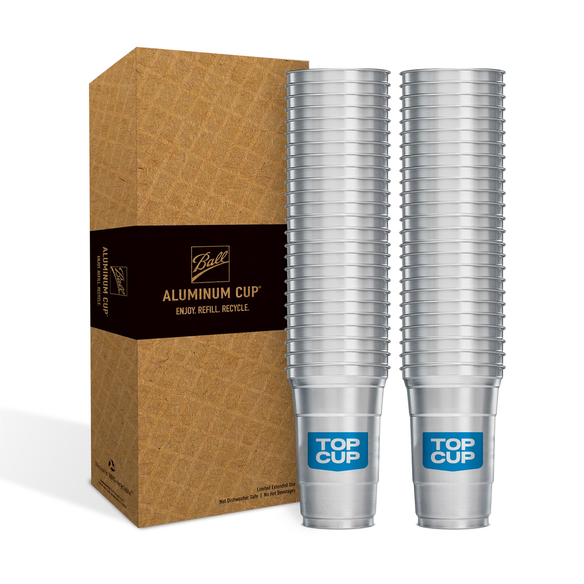 Top Cup Aluminum Party Cups, Blue Logo, 9oz, 50 Count | Made in the USA, Colder, Durable, Reusable, Recycleable, Dishwasher Safe