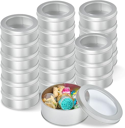 Miniatura 8 de Paquete de 20 latas de metal de 3.5 onzas, latas redondas vacías con parte superior transparente, latas de almacenamiento para cocina, oficina,