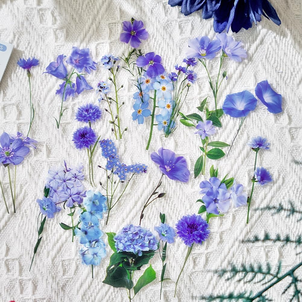 Wildflower Stickers,80pcs Transparent PET Blue Pressed Flower Hydrangea Forget Me Not Cornflower Floral Decals for Journaling Scrapbook Water Bottle DIY Crafts