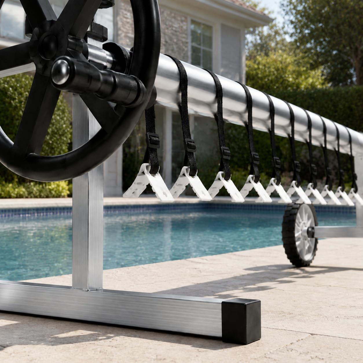 Système d'enroulement Mobile, Réglable de 3 m-5,7 m, Enrouleur piscine, Enrouleur de bâche de piscine, Résistant aux Intempéries, avec Roulettes et Sangles de Fixation, Dispositif d'enroulement-CR4