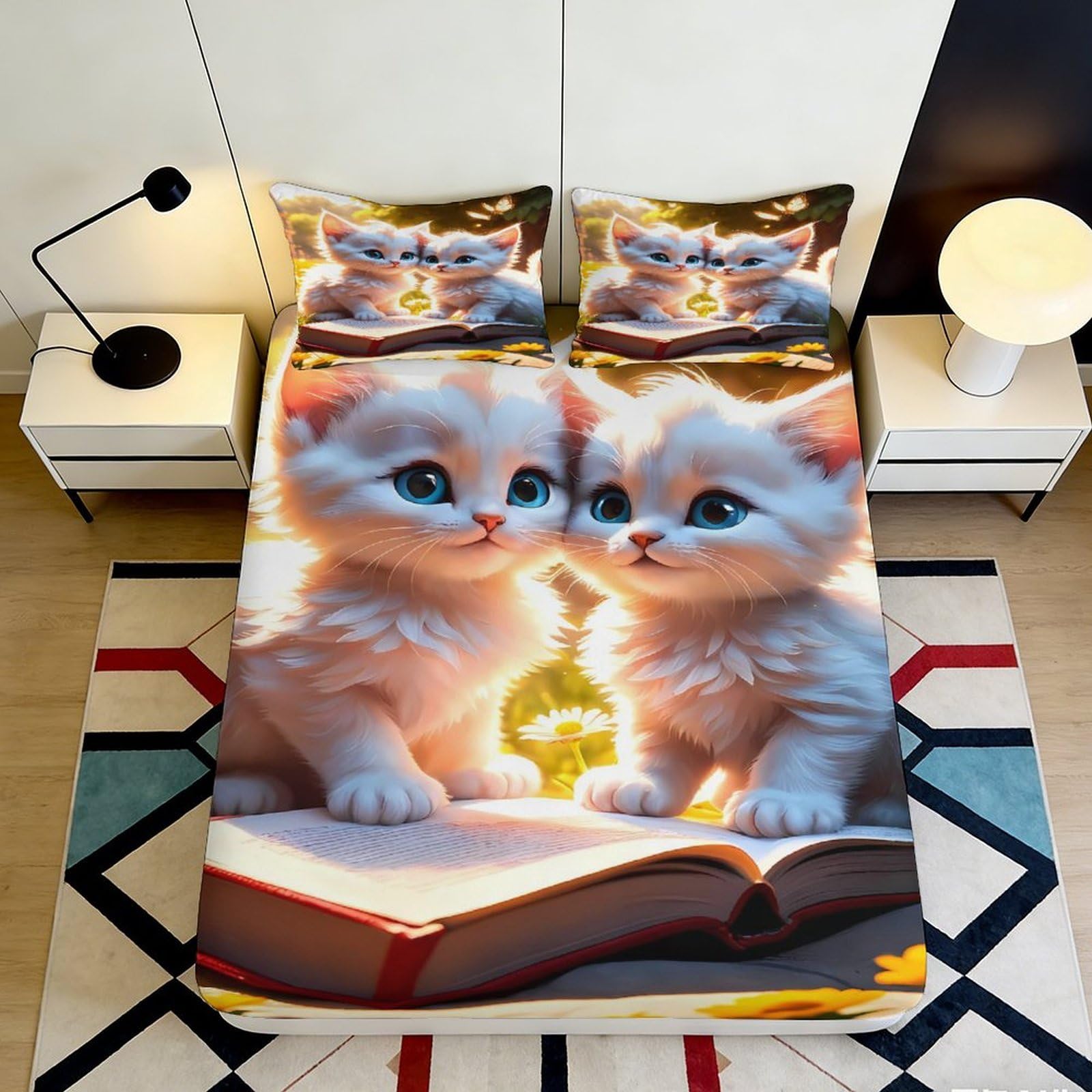 3D Printed Cute Cat Fitted Sheet Microfiber Soft Bedroom Decor Cartoon Kitten Mattress Cover Anti-Slip Machine Washable for Home Dorm Guest Room 90x200x25cm