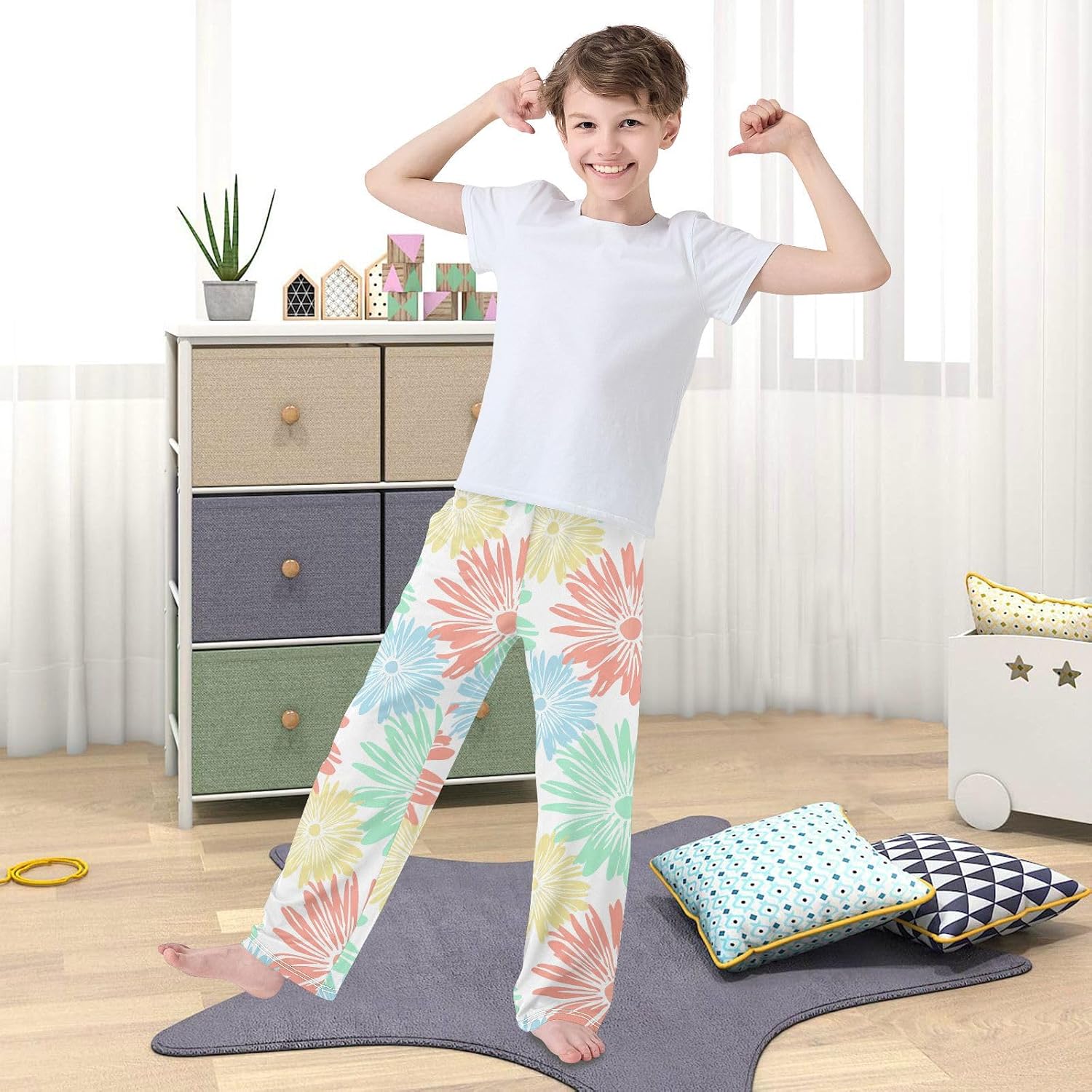 J JOYSAY Floral Blossom White Pajamas Pants Soft Long Pajama Bottoms Lounge Sleep Pants Size S-XL