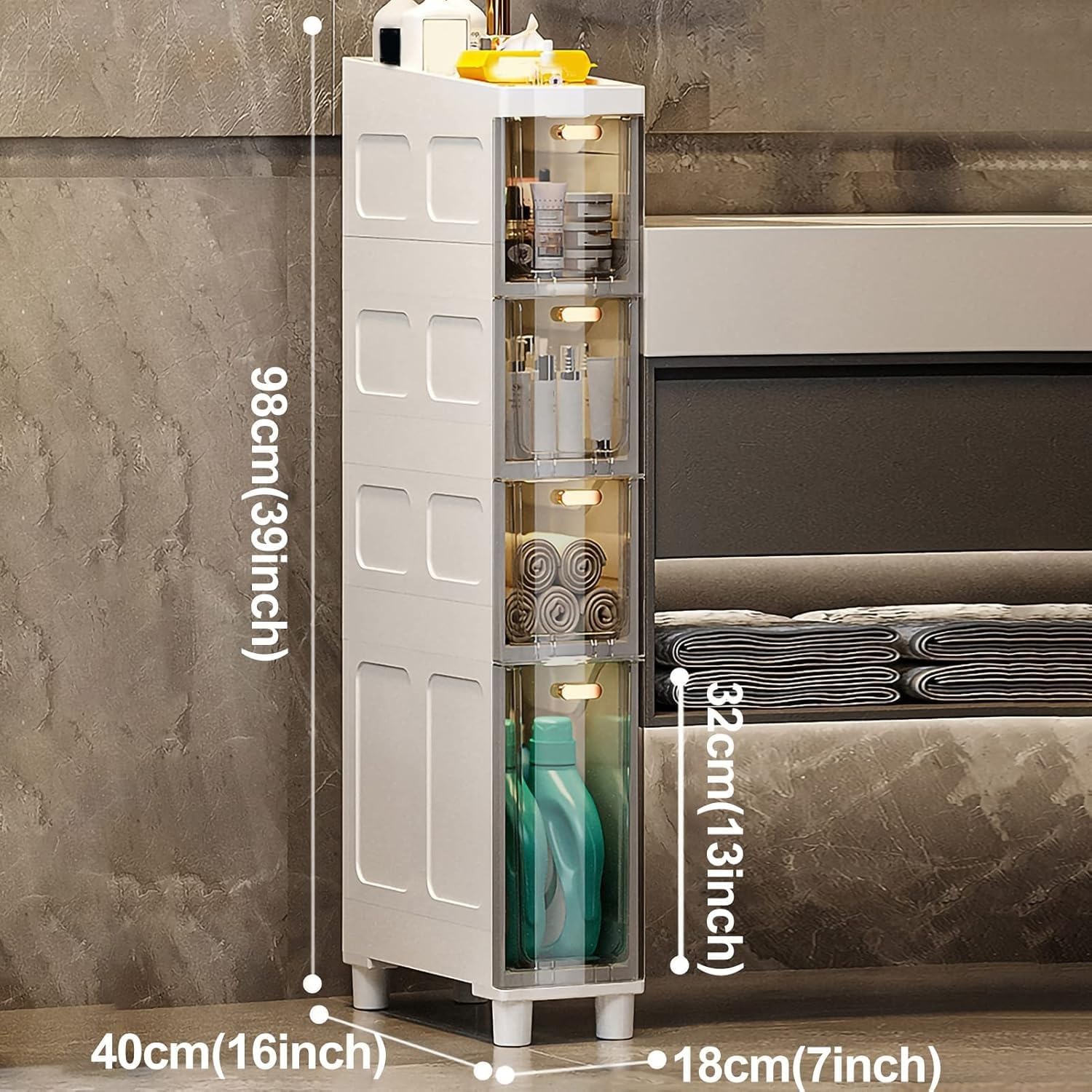 Storage Cabinet Slim Bathroom, Large Capacity Toilet Paper with Clear Plastic Drawers Casters Narrow Tall Floor(Transparent Gray,18cm)