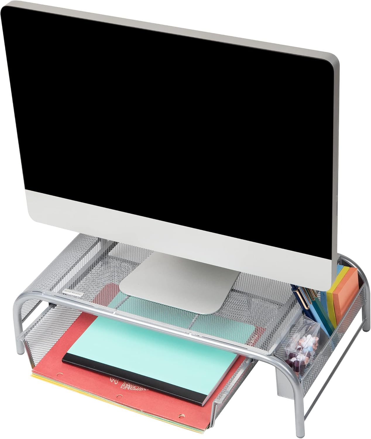 Mind Reader Network Collection, Monitor Stand, 33lb. Capacity, 3-Compartment Storage, Paper Tray and 2 Side Storage Compartments, Desktop Organizer, Metal Mesh, Set of 2, 20"L x 11.5"W x 5.5"H, Silver
