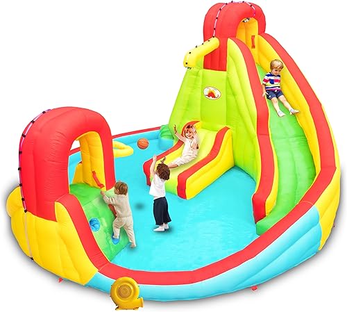 Miniatura 9 de Inflatable Water Park with Blower, Jumping Castle 2 Slides, Climbing Wall, Water Gun, Lounge and Basketball Hoop, 165 x 165 x 90.5 Inch